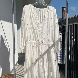 Lou & Grey White Tiered Dress with Multicolor Dot Embroidery